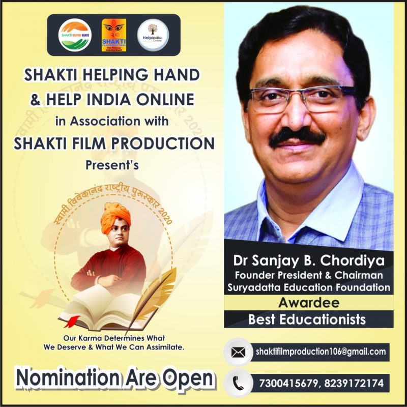 Prof. Dr. Sanjay B Chordiya Felicitated with Swami Vivekanand National Award 2020