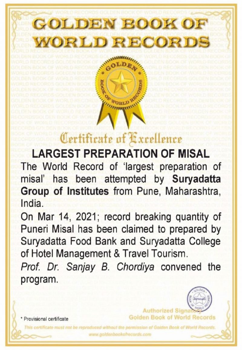 Certificate of Excellence - Largest Preparation of Misal